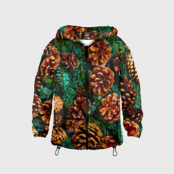 Ветровка с капюшоном детская Елочные ветки с шишками, цвет: 3D-черный