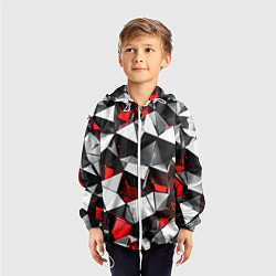 Ветровка с капюшоном детская Красно-белые рельефные треугольники на чёрном фоне, цвет: 3D-белый — фото 2