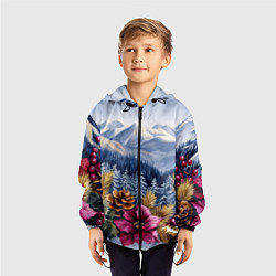 Ветровка с капюшоном детская Новогодний горный пейзаж с цветами, цвет: 3D-черный — фото 2