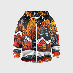 Ветровка с капюшоном детская Новогоднее настроение - домики и елки, цвет: 3D-белый