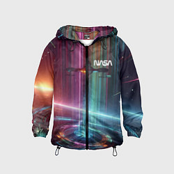 Ветровка с капюшоном детская Spaceship in the neon cosmos - nasa, цвет: 3D-черный