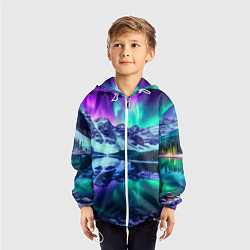 Ветровка с капюшоном детская Северное сияние над горами - неоновое свечение, цвет: 3D-белый — фото 2
