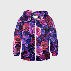 Ветровка с капюшоном детская Разноцветные цветы - синие розы паттерн, цвет: 3D-белый