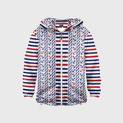 Ветровка с капюшоном детская Полосатый морской орнамент с якорями, цвет: 3D-белый