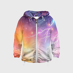 Ветровка с капюшоном детская Магический фон с молниями и звездами, цвет: 3D-белый
