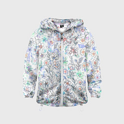 Ветровка с капюшоном детская Белый в рисованный цветочек, цвет: 3D-белый