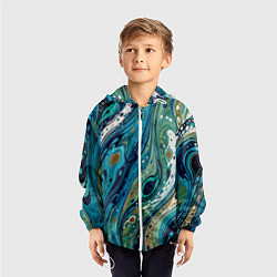 Ветровка с капюшоном детская Сине-зеленый абстрактный узор, цвет: 3D-белый — фото 2