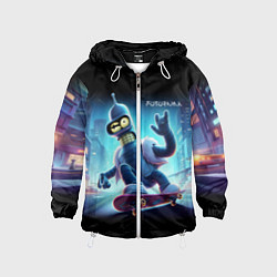 Ветровка с капюшоном детская Bender is a skateboarder in neon street - ai art, цвет: 3D-белый