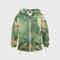 Ветровка с капюшоном детская Зеленые и золотые листья - паттерн, цвет: 3D-белый