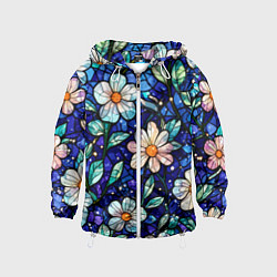 Ветровка с капюшоном детская Цветочный тёмно-синий витраж, цвет: 3D-белый
