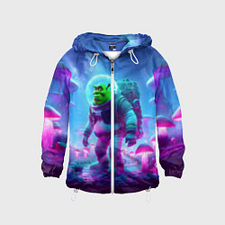 Ветровка с капюшоном детская Шрек бравый космонавт на планете неоновых грибов, цвет: 3D-белый