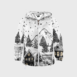 Ветровка с капюшоном детская Заснеженный черно-белый город, цвет: 3D-белый