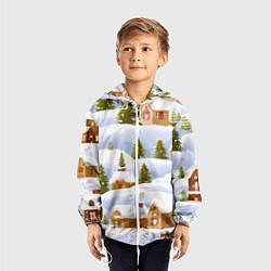 Ветровка с капюшоном детская Новогодние домики и елочки, цвет: 3D-белый — фото 2