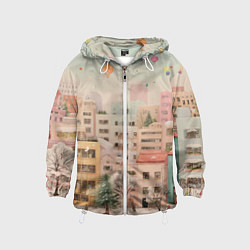 Ветровка с капюшоном детская Объемный новогодний город, цвет: 3D-белый