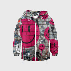 Ветровка с капюшоном детская Розовые смайлы граффити, цвет: 3D-белый