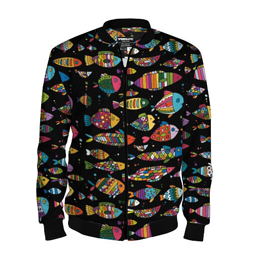 Мужской бомбер Разноцветные рыбы - черный фон / 3D-Черный – фото 1
