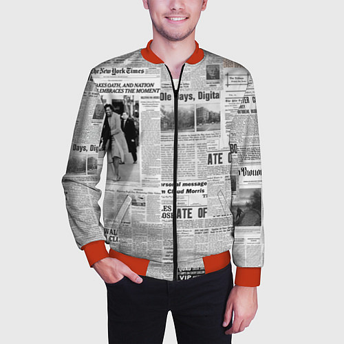 Мужской бомбер Газета Newspaper / 3D-Красный – фото 3