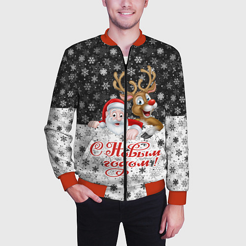 Мужской бомбер С Новым Годом дед мороз и олень / 3D-Красный – фото 3