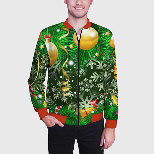 Мужской бомбер Новогоднее Настроение Елка / 3D-Красный – фото 3