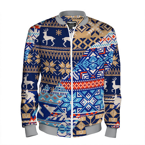 Мужской бомбер НОВОГОДНИЙ УЗОР ОЛЕНИ И МЕДВЕДИ НОВЫЙ ГОД 2022 / 3D-Меланж – фото 1