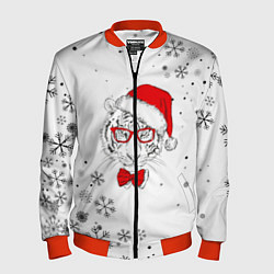 Бомбер мужской Новогодний тигр летящие снежинки, цвет: 3D-красный