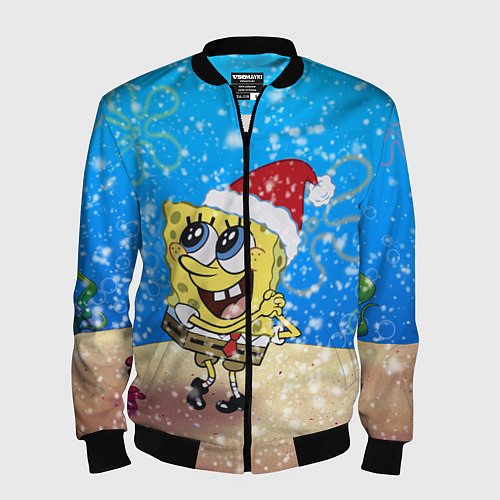 Мужской бомбер НОВОГОДНИЙ ГУБКА БОБ КВАДРАТНЫЕ ШТАНЫ / 3D-Черный – фото 1