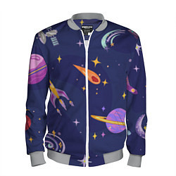 Бомбер мужской Космический дизайн с планетами, звёздами и ракетам, цвет: 3D-меланж