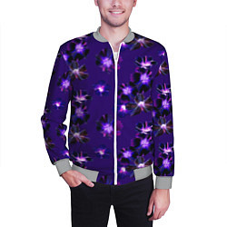 Бомбер мужской Цветы Фиолетовые Гибискус На Синем Фоне, цвет: 3D-меланж — фото 2