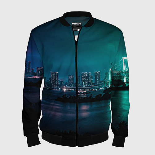 Мужской бомбер Неоновый город с рекой - Светло-зелёный / 3D-Черный – фото 1