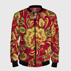 Бомбер мужской Хохломская Роспись Цветы На красном Фоне, цвет: 3D-черный