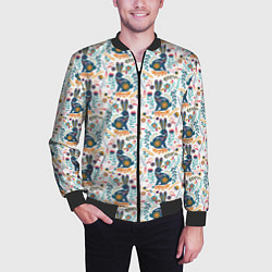 Бомбер мужской Новогодний паттерн - Кролики и веточки, цвет: 3D-черный — фото 2