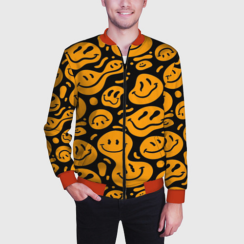 Мужской бомбер Растекающийся оранжевый смайл / 3D-Красный – фото 3