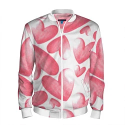 Бомбер мужской Розовые акварельные сердца - паттерн, цвет: 3D-белый