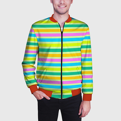 Мужской бомбер Желто-зеленый полосатый узор / 3D-Красный – фото 3