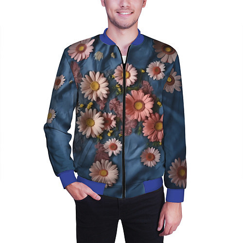 Мужской бомбер Хризантемы на джинсе / 3D-Синий – фото 3