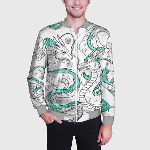 Мужской бомбер Дракон Хаку в стиле тату: белый и бирюзовый паттер / 3D-Меланж – фото 3