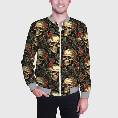 Мужской бомбер Череп рябина шишки и хвойные ветки / 3D-Меланж – фото 3