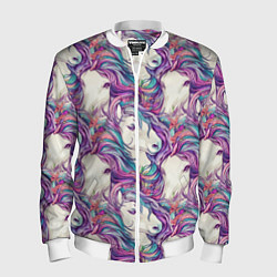 Бомбер мужской Морды лошади фиолетовый паттерн, цвет: 3D-белый
