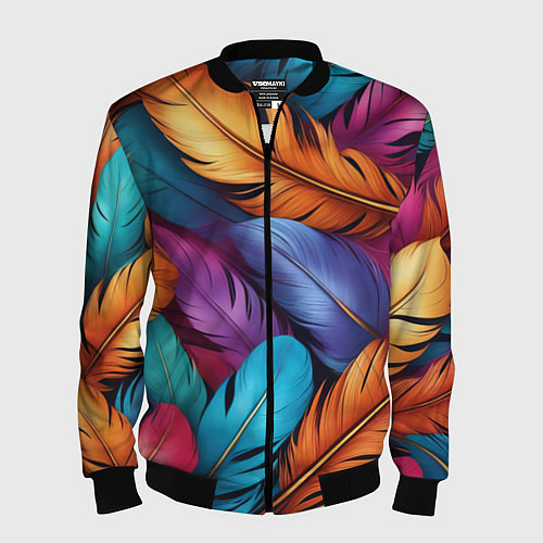 Мужской бомбер Перья паттерн - нейросеть / 3D-Черный – фото 1