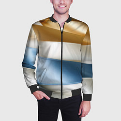Бомбер мужской Золотые и голубые волнистые вставки на белом фоне, цвет: 3D-черный — фото 2