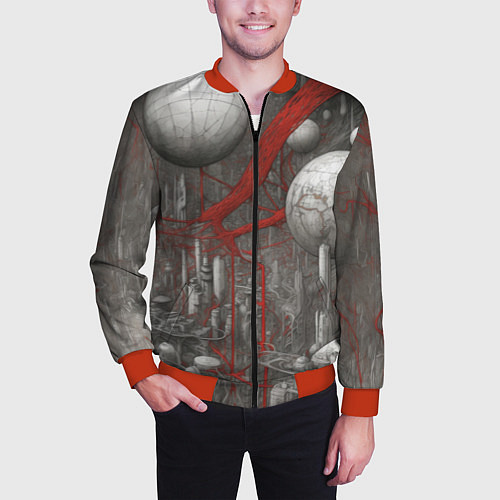 Мужской бомбер Биотехнический городской пейзаж / 3D-Красный – фото 3