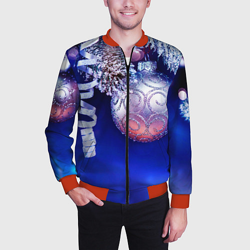 Мужской бомбер Новогодняя елка с шарами / 3D-Красный – фото 3