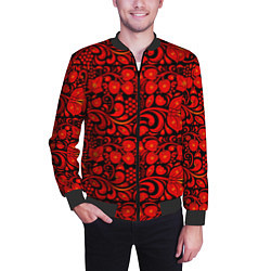 Бомбер мужской Хохломская роспись красные цветы и ягоды на чёрном, цвет: 3D-черный — фото 2