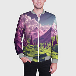 Бомбер мужской Геометрический зеленый пейзаж и фиолетовые горы, цвет: 3D-меланж — фото 2