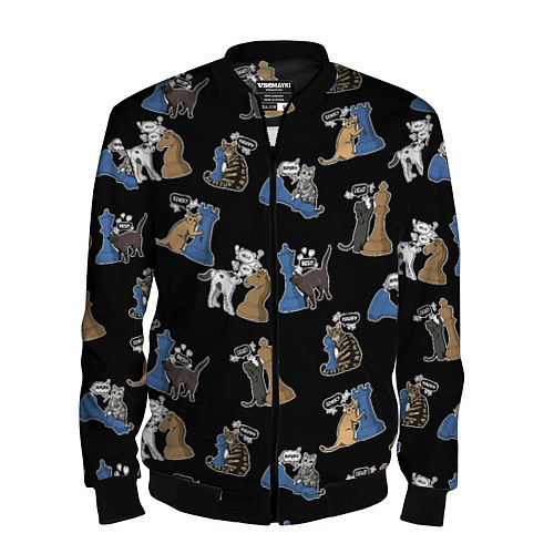 Мужской бомбер Котики и шахматы на черном / 3D-Черный – фото 1