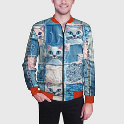 Бомбер мужской Кошки на пэчворк джинсах паттерн, цвет: 3D-красный — фото 2