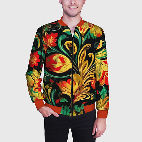 Мужской бомбер Хохлома акварель / 3D-Красный – фото 3
