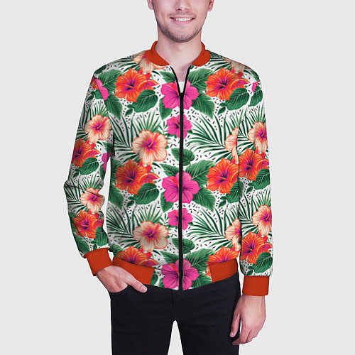 Мужской бомбер Цветы гибискуса и листья мальмы летний тропический / 3D-Красный – фото 3