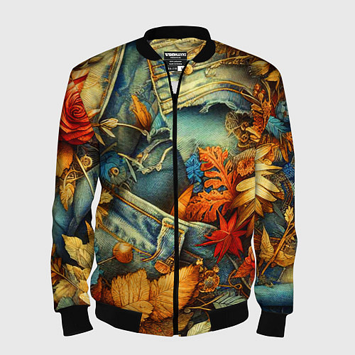 Мужской бомбер Композиция из цветов и рваной джинсы - нейросеть / 3D-Черный – фото 1