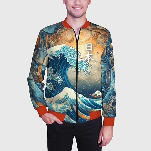 Мужской бомбер Коллаж с Японской волной - нейросеть / 3D-Красный – фото 3